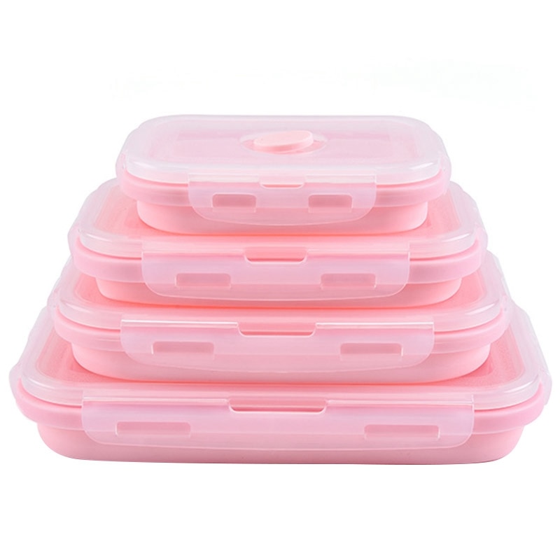LUDA Pink Food Grade Silicone Lunch Box Folding Eco-Friendly Food Container Bento Box Collapsible Portable Microwave Crisper B
