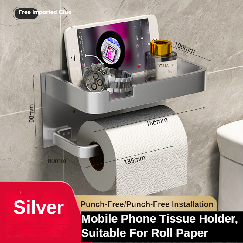Black Gold Toilet Paper Holder Bathroom Wall Mount Multifunction WC Paper Phone Holder Shelf Towel Roll Shelf Accessories: Silver