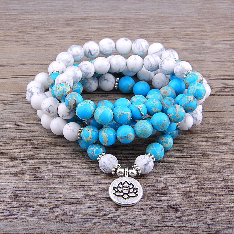 Natuursteen Mala Armband 108 Kralen Armband Turkoois Lotus Charm Voor Man Handgemaakte Armband Casual Sieraden Pulseras