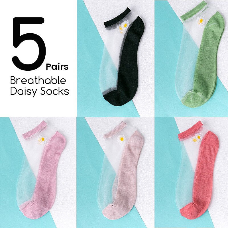 5Pairs/Lot Women Socks for summer Ultra-thin Transparent Cass Glass fiber Silk Socks daisy Flower Japan Ankle Socks: 378-daisy