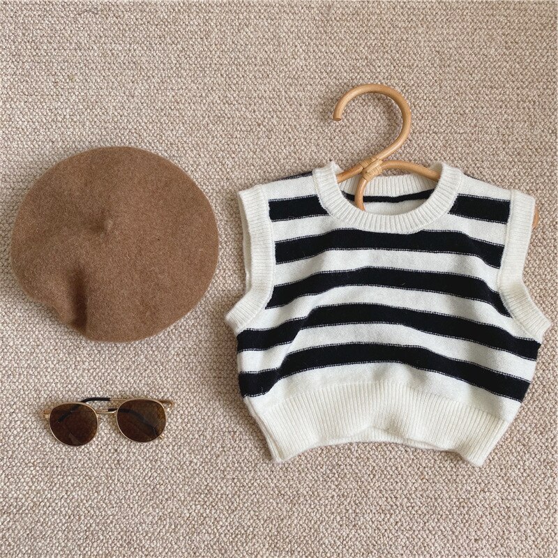 2022 frühjahr Neue Mädchen Stricken Weste Baby Schwarz Weiß Gestreiften Weste Kinder Ärmellose Pullover Kinder Stricken Kleidung 1-8 jahr