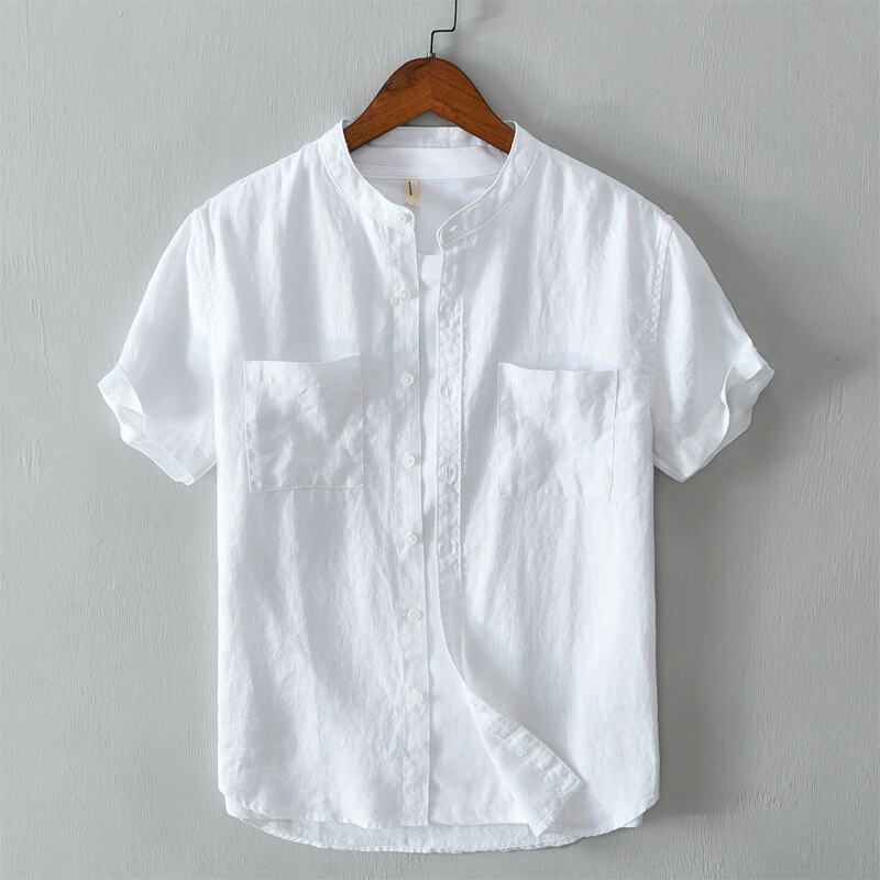 100%  linne vit skjorta herr kortärmade toppar sommar solid andas skjorta två fickor camisa masculina 560: Vit / Xl  (65-70) kg