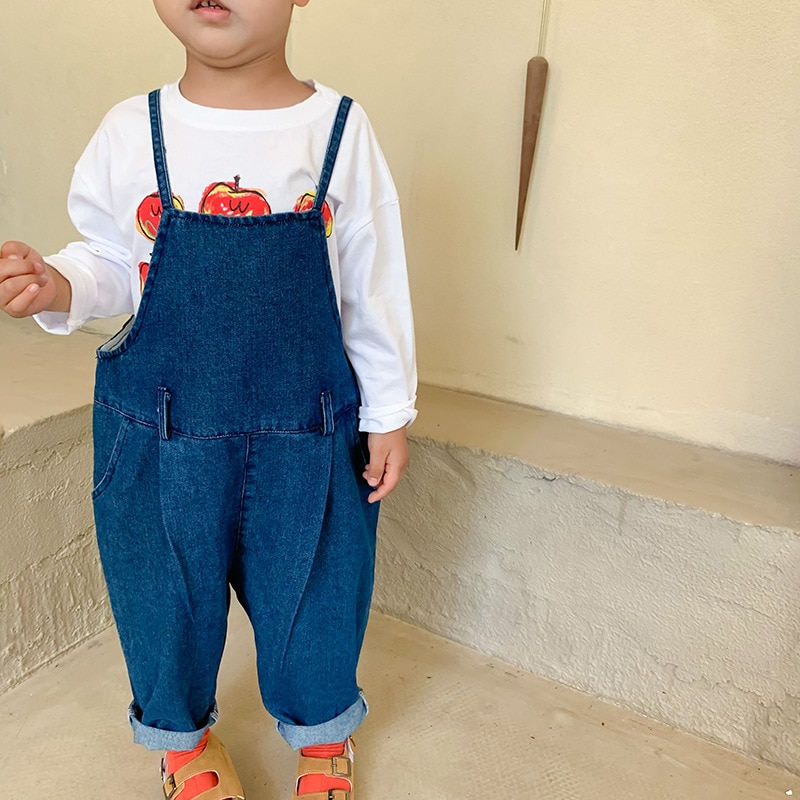 Jesień 2020 moda chłopcy luźny dżins kombinezony dzieci ponadgabarytowych spodnie na szelkach