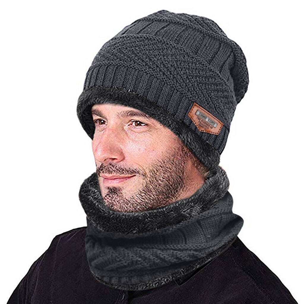Vinter strikket hue tørklæde sæt til mænd tyk fleece varm hue hat tørklæde sæt solid strik vindtæt udendørs ski cap ring tørklæde