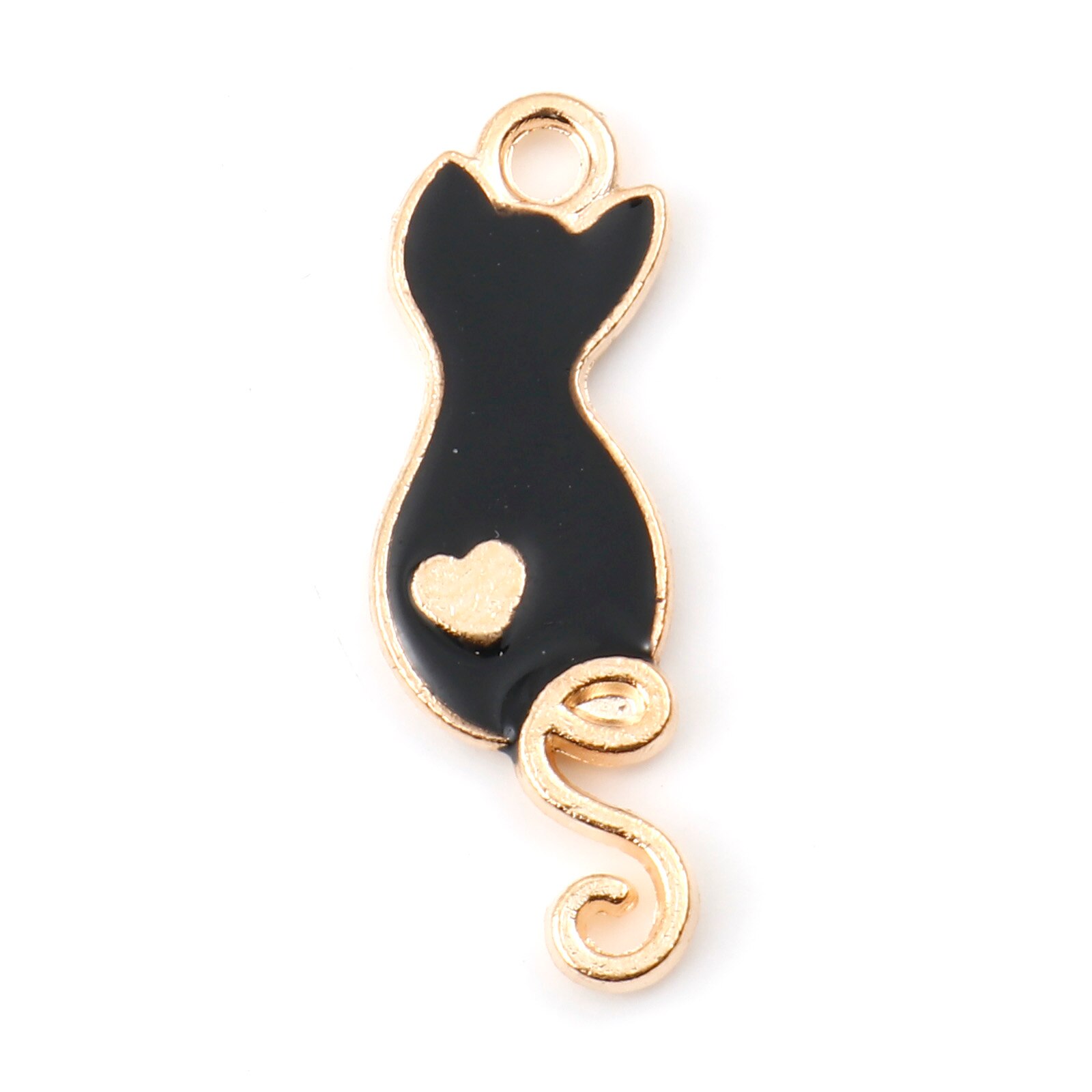 Pendentifs en métal couleur or, 20 pièces, en émail, mignon, dessin animé, chat, cœur, Animal, DIY, fabrication de bijoux, 25mm x 9mm: Black