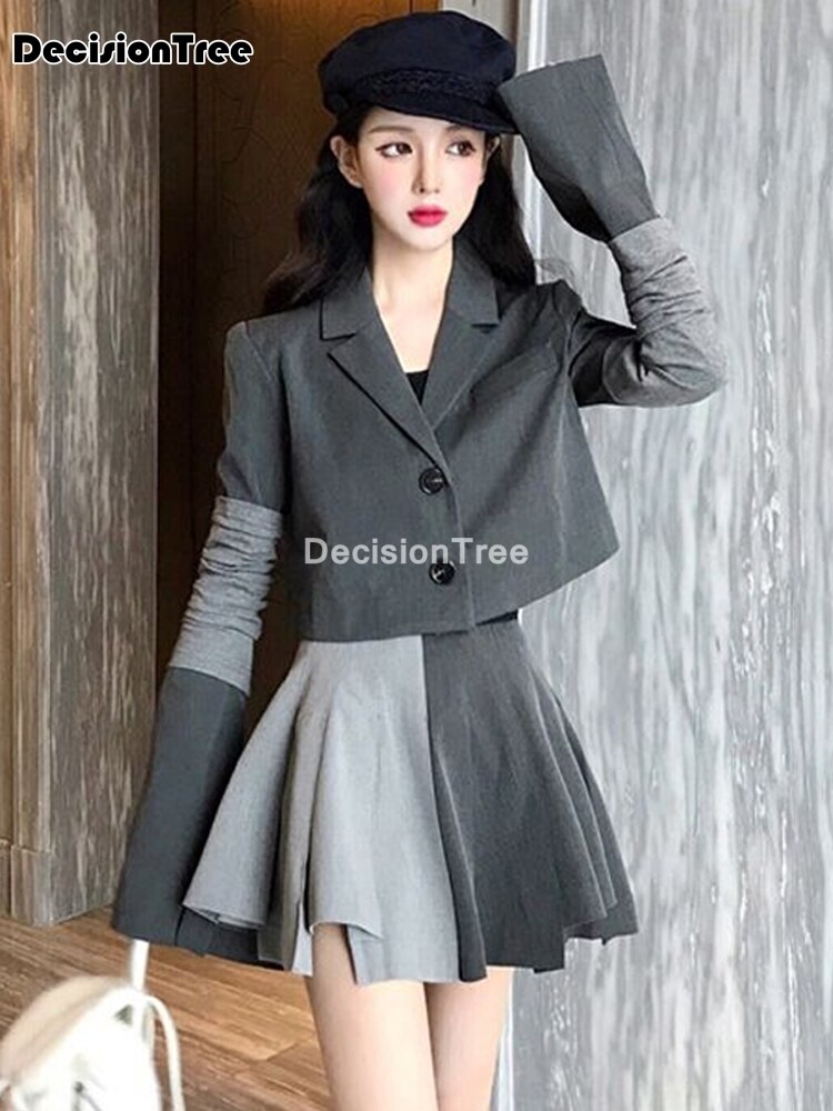 2022 japanese school uniform suit patchwork pleated dress student grey sull sleeve suit coat women jk uniforms set short skirtsl