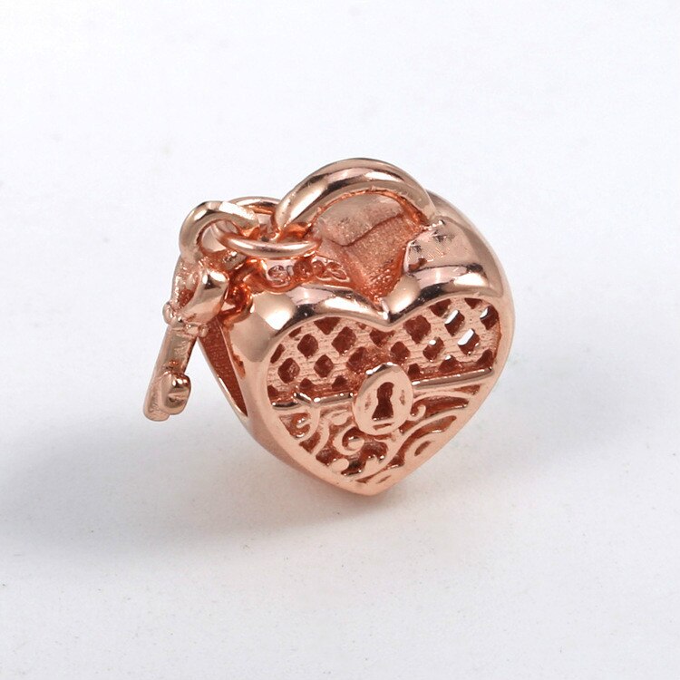 Echt 925 Sterling Silver Charm Opengewerkte Rose Goud Liefde U Slot Met Sleutel Kralen Fit Armband &amp; Ketting Diy sieraden