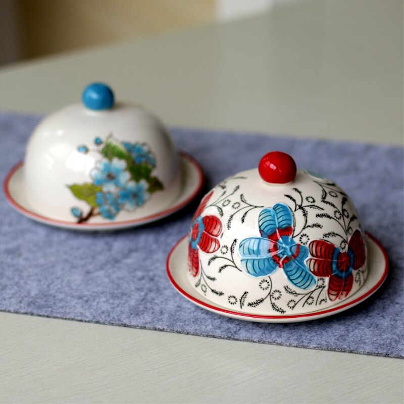Hand Geschilderd Keramische Pot Opslag Boter Plaat Dessertbord Met Cover Snack Tray
