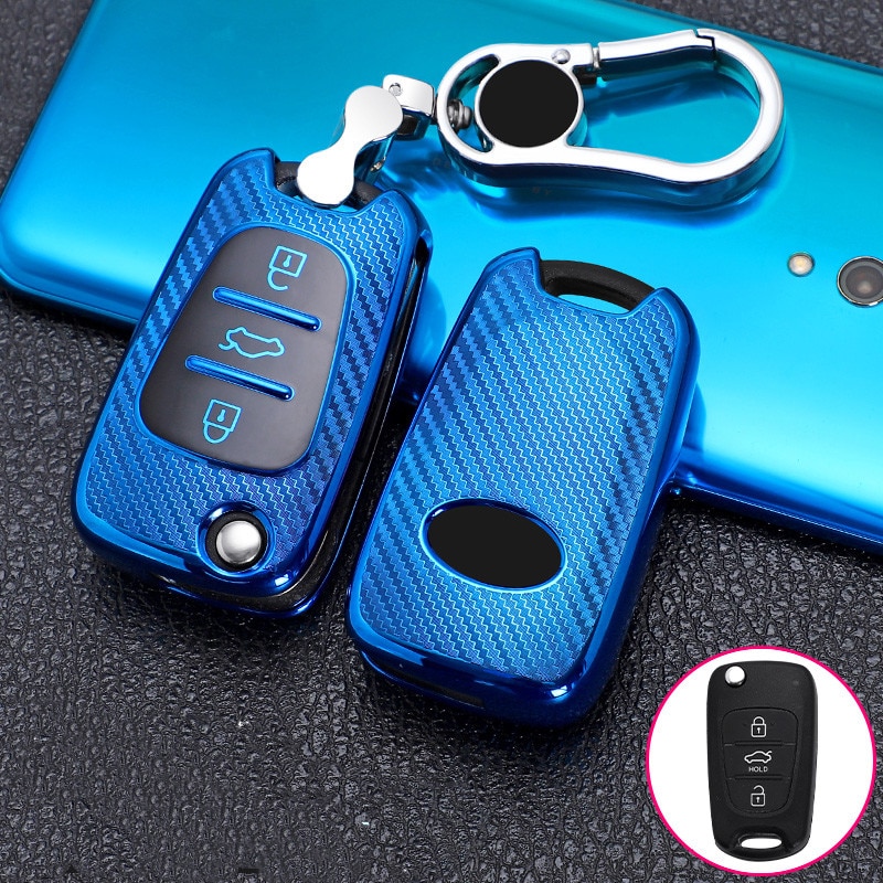 3 boutons en Fiber de carbone TPU voiture à distance clé à rabat housse coque gousset pour Hyundai I30 IX35 Verna pour KIA Sportage Sorento Rondo Soul RIO