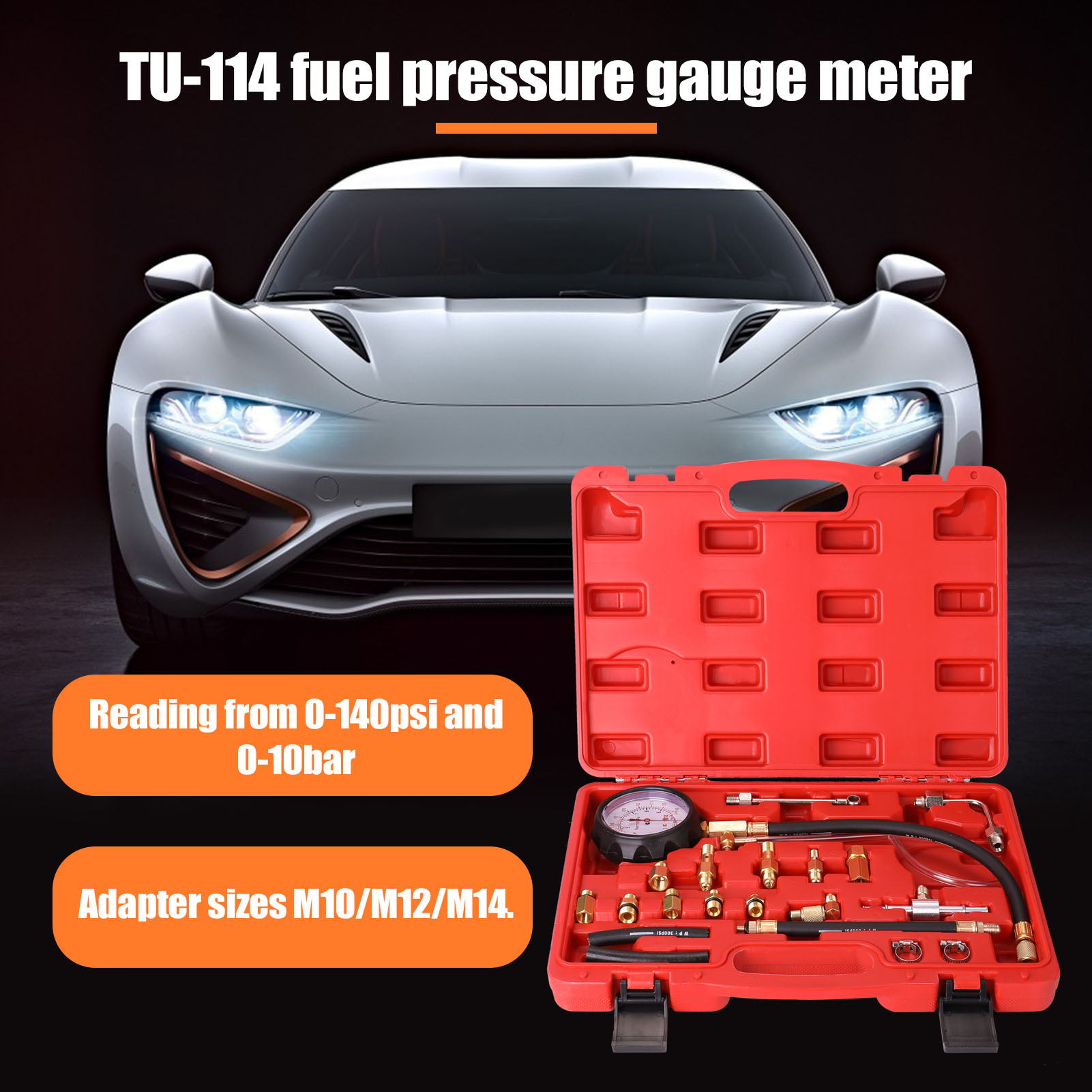 TU-114 0-140 PSI/0-10 Bar Fuel Injection Pressure Meter Pump Tester Compression Pressure Gauge Gasoline TU114-1014G