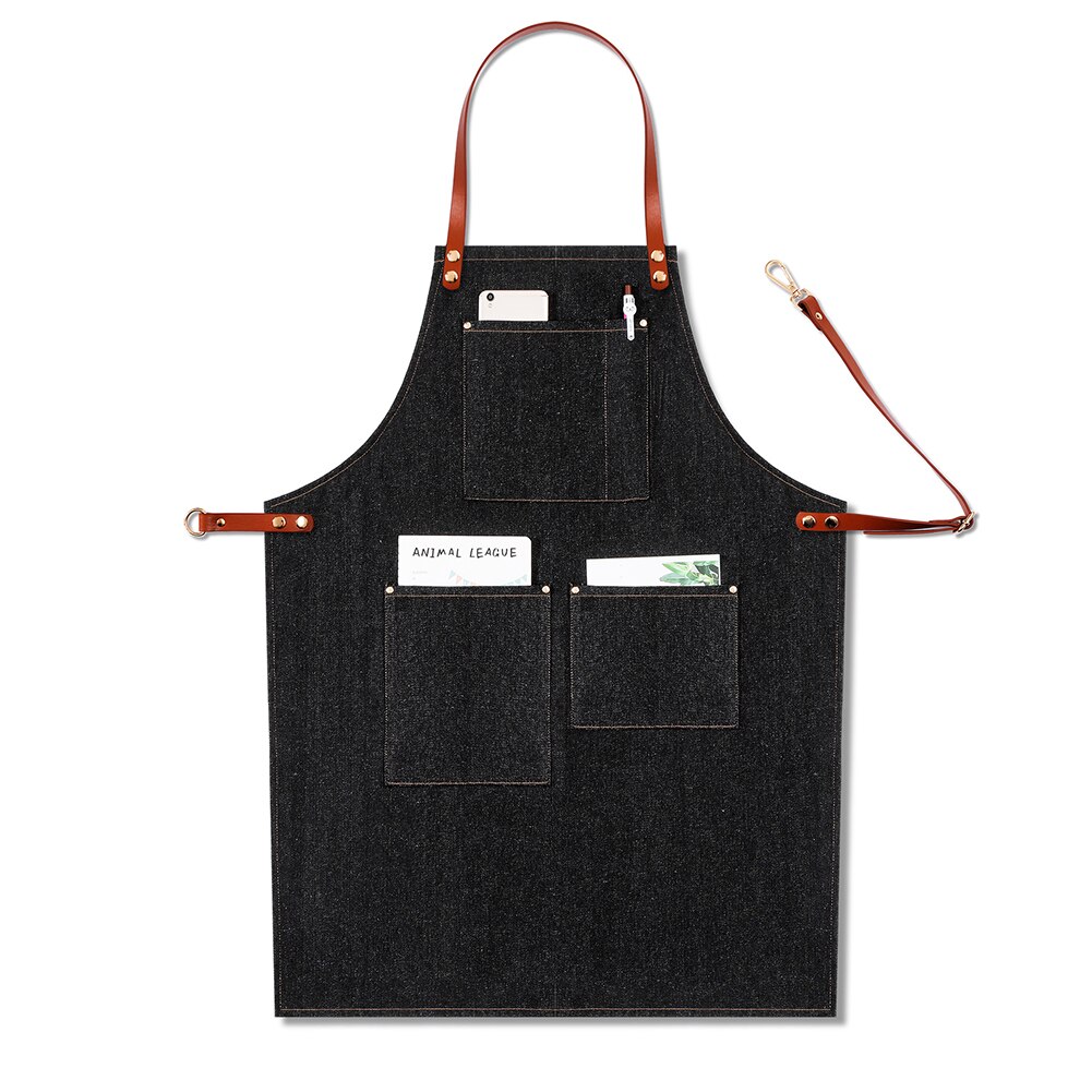 Baker Multi Pocket Adjustable Chef Barista Leather Strap Removable Denim Work Bartender Casual BBQ Uniform Bib Apron: D