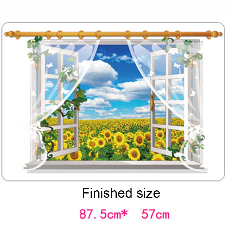 90x60cm 3D Sonnenblume Fenster Zauberstab Aufkleber Sonne Blumen Landschaft Heimat Dekor Wohnzimmer Kunst Decals entfernbar Tapete dekoration: PC9020-2