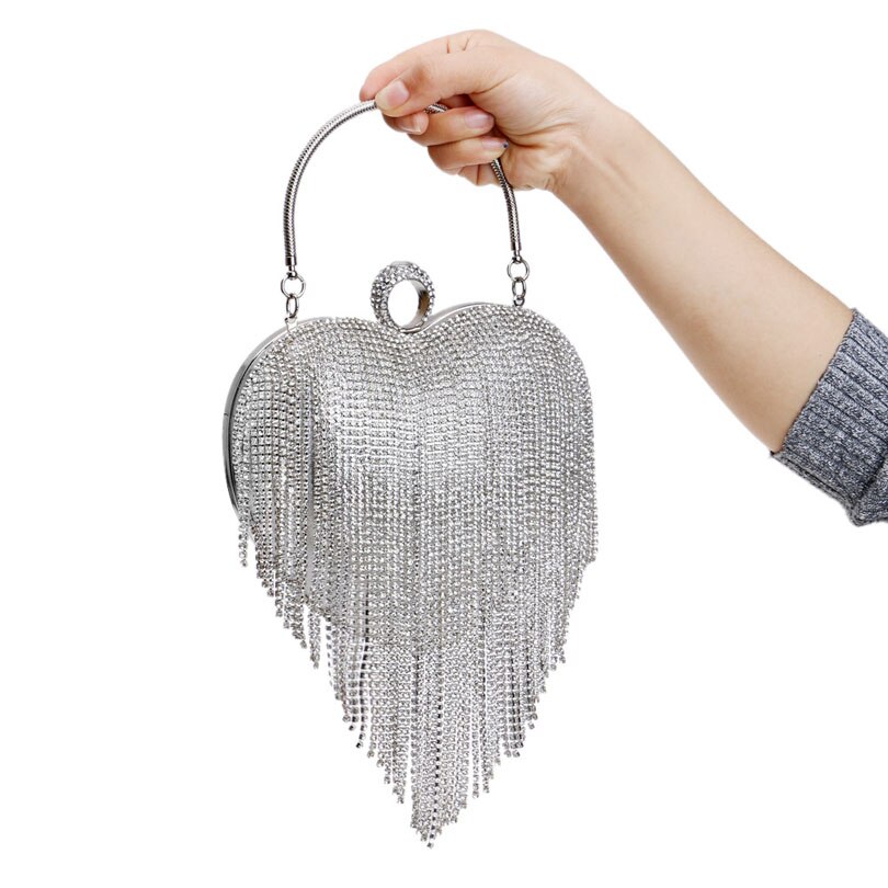 LIXUN Evening Bag - Minaudiere Shape - Diamond Tassel Ring Clutch - Chain Shoulder Party Handbag