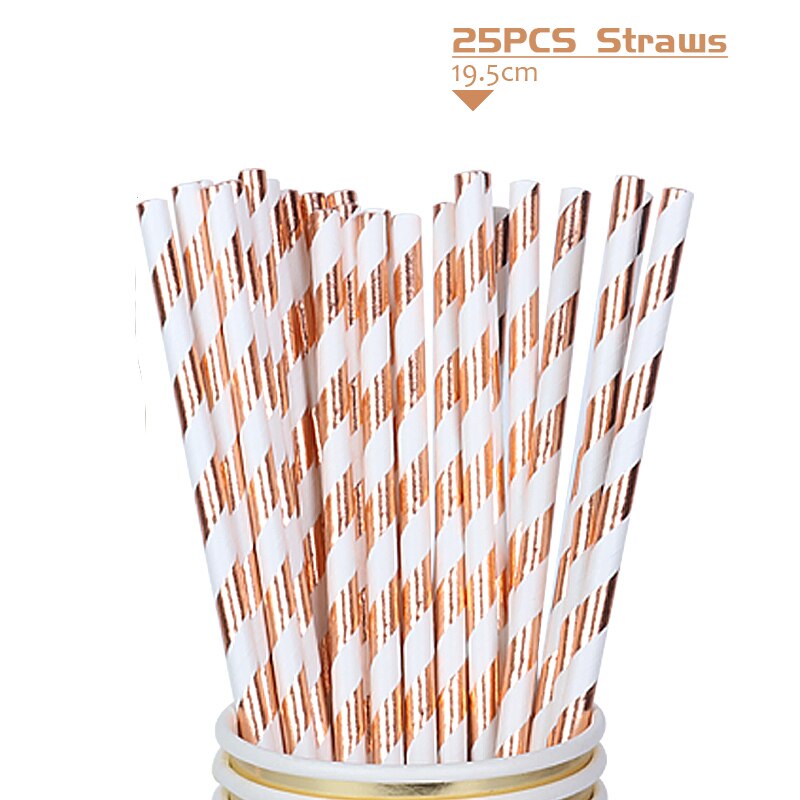 Assiettes or Rose de 24 pièces | Nappe jetable de fête, vaisselle d'anniversaire pour enfants adultes, décor de mariage pour fête d'anniversaire, fête d'anniversaire: 25pcs straws