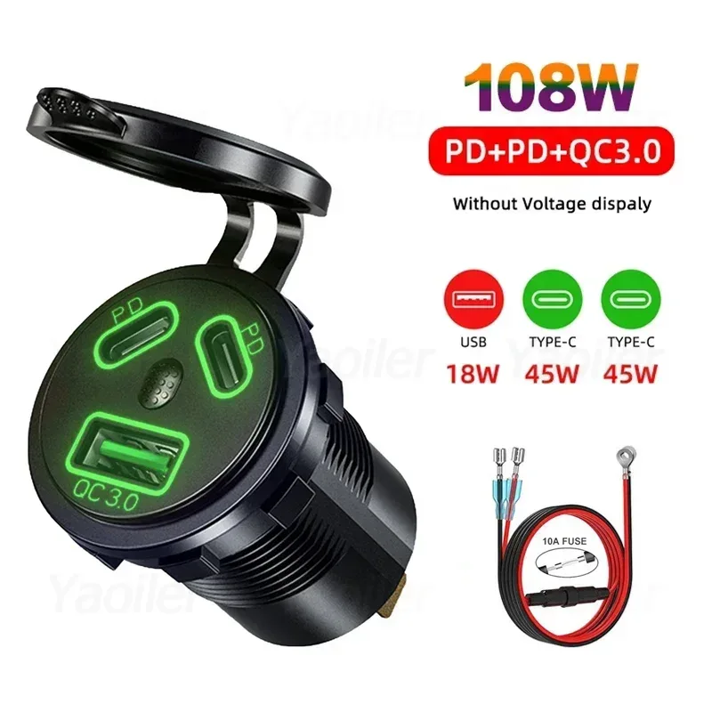 12V/24V USB-Steckdose 108W 3 Häfen Autoladegerät Dual 45W PD Typ C & 18W QC 3.0 USB-Ladegerät für Motorrad-Steckdose Ladeadapter: Rosa