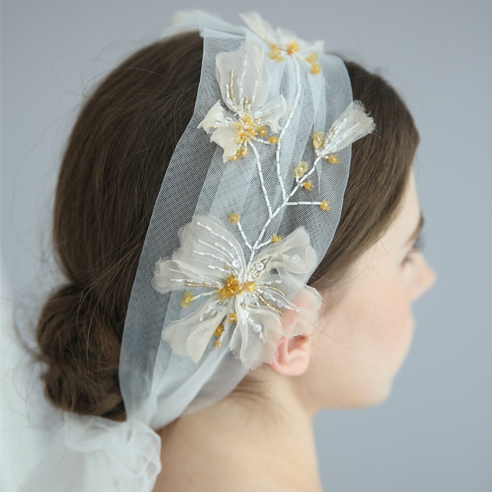 Hecho a mano bordado velo de novia lentejuelas con cuentas de la boda de novias Boho accesorios para el cabello