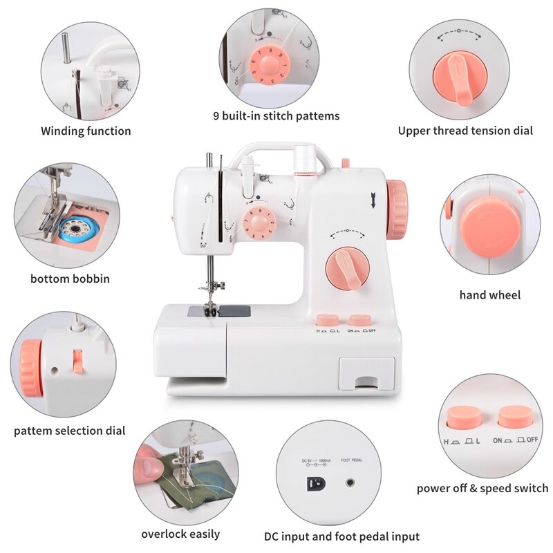Mini Sewing Machine Built-In Light Mending Machine Dual Speed Double Thread Stitching Electric Pedal Sewing US Plug