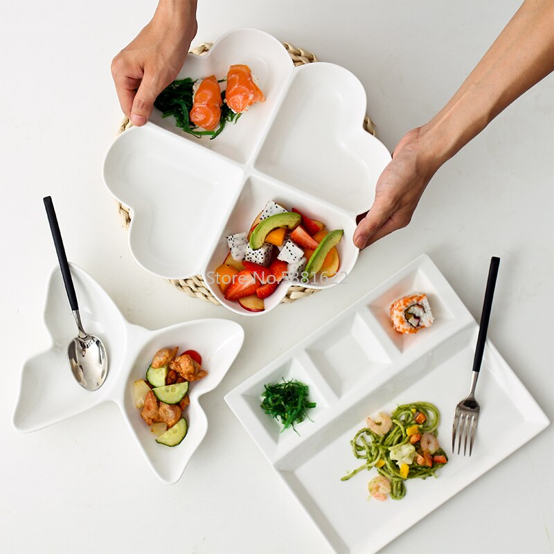 Plato divisor de cerámica blanco puro para niños, divididos surtido de alimentos para el hogar, separación de fruta, postre, plato de fruta seca