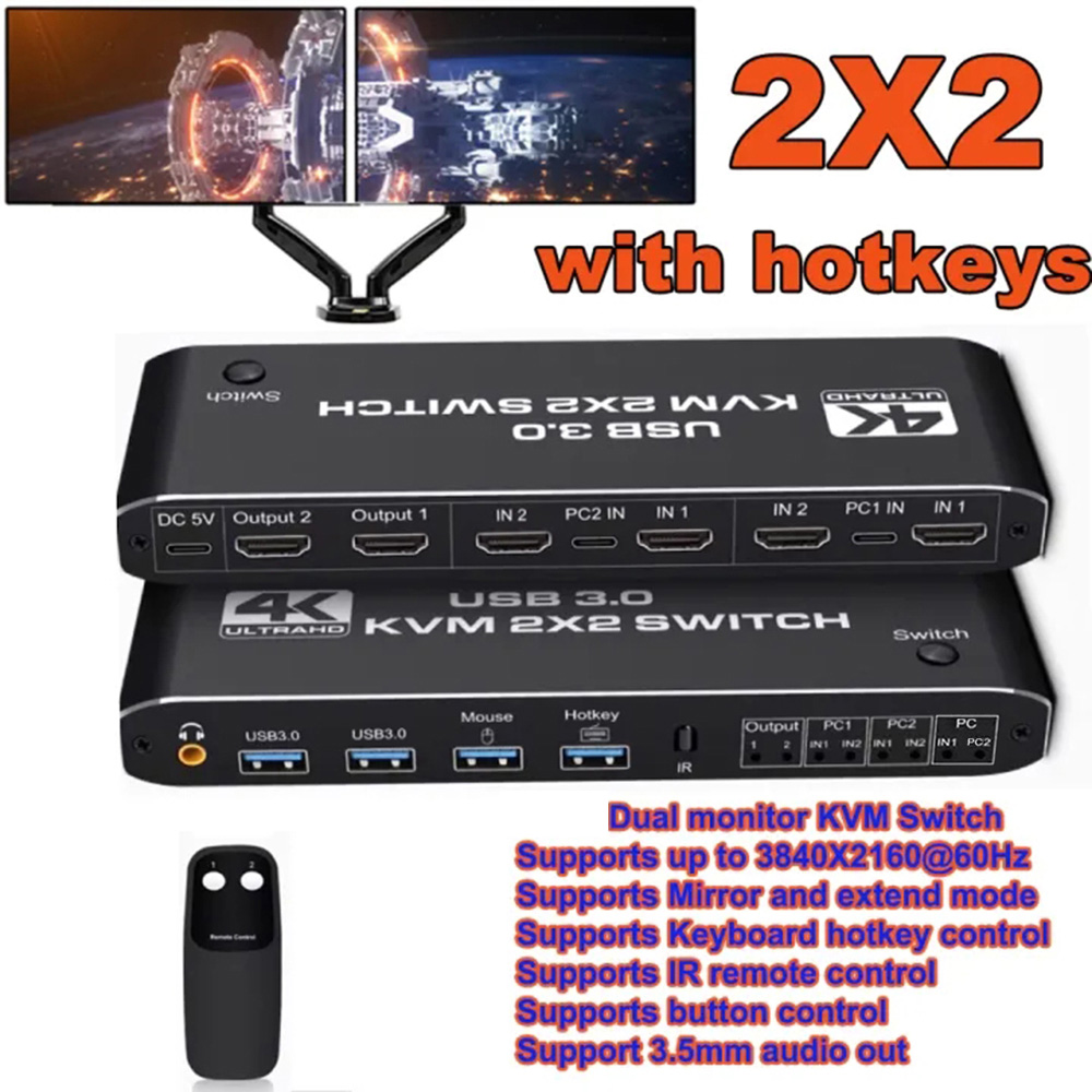 2x2 HD-MI KVM Switch 4K60Hz Dual Monitor KVM HD-MI Extended Display USB KVM Switcher 2 in 2 out for 2 Computers Share 2 Monitors