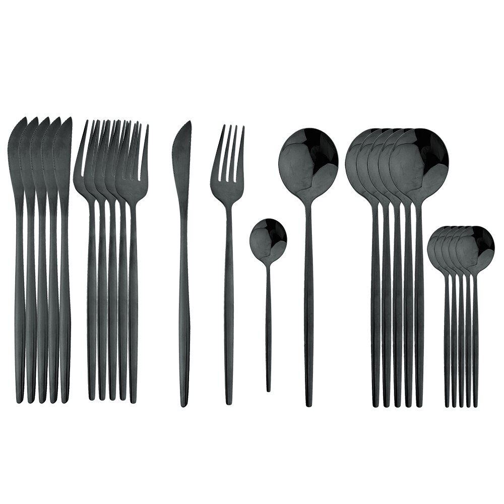 Juego de cubiertos dorados con mango negro, 24 Uds., cuchillo de acero inoxidable, tenedor, cuchara, vajilla, juego de cubiertos, vajilla de cocina para Festival,: Azul