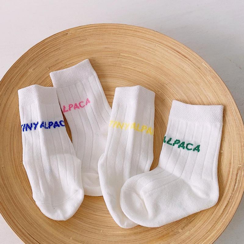 4 Pairs Children Socks Age 1-6 Year Letter Embroidery Cotton Hosiery Happy Girls Boys Kids White Socks