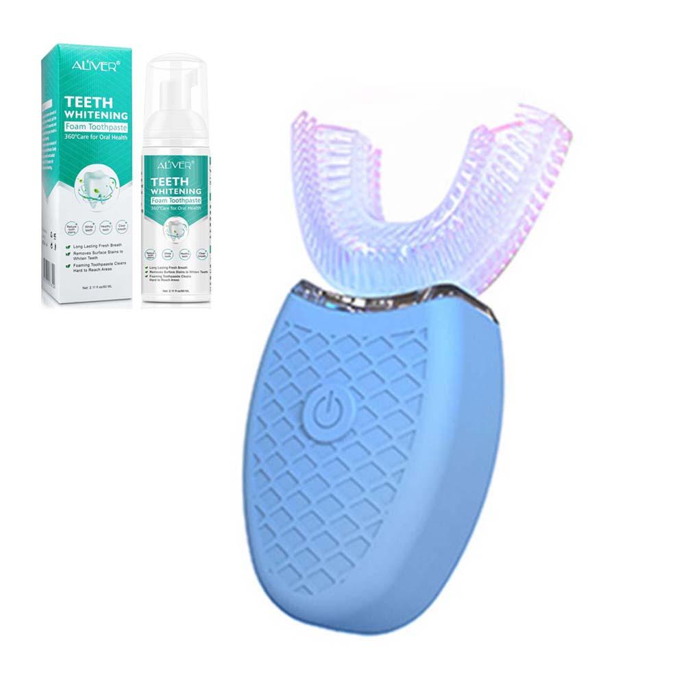 U-Shape Electric Toothbrush Set With Toothpaste USB Rechargeable 360 Degree Automatic Teeth Brush Whiten Teeth 4 Mode Waterproof: Blue