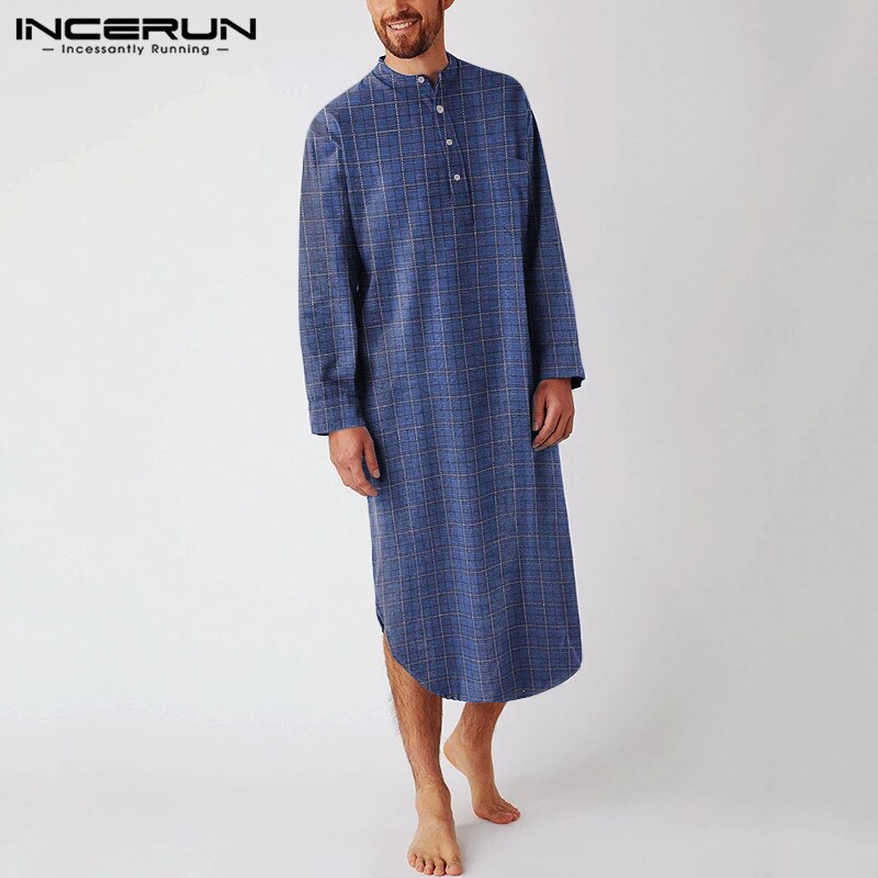 Long Sleeve Stand Collar Nightgown INCERUN Men Plaid Sleep Robes Casual Button Comfy Bathrobes Man Cotton Pockets Homewear S-5XL