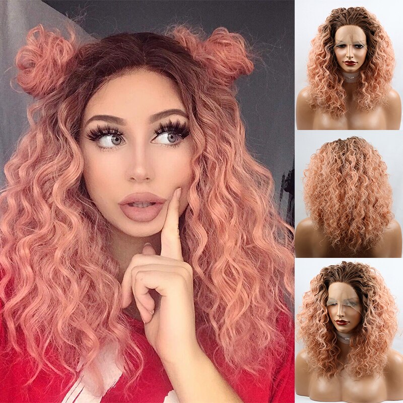 Perruque Bob Lace Front Wig synthétique sans colle | Perruque fantaisie courte, bouclée, rose pêche ombré, perruques de maquillage, coupe au carré courte