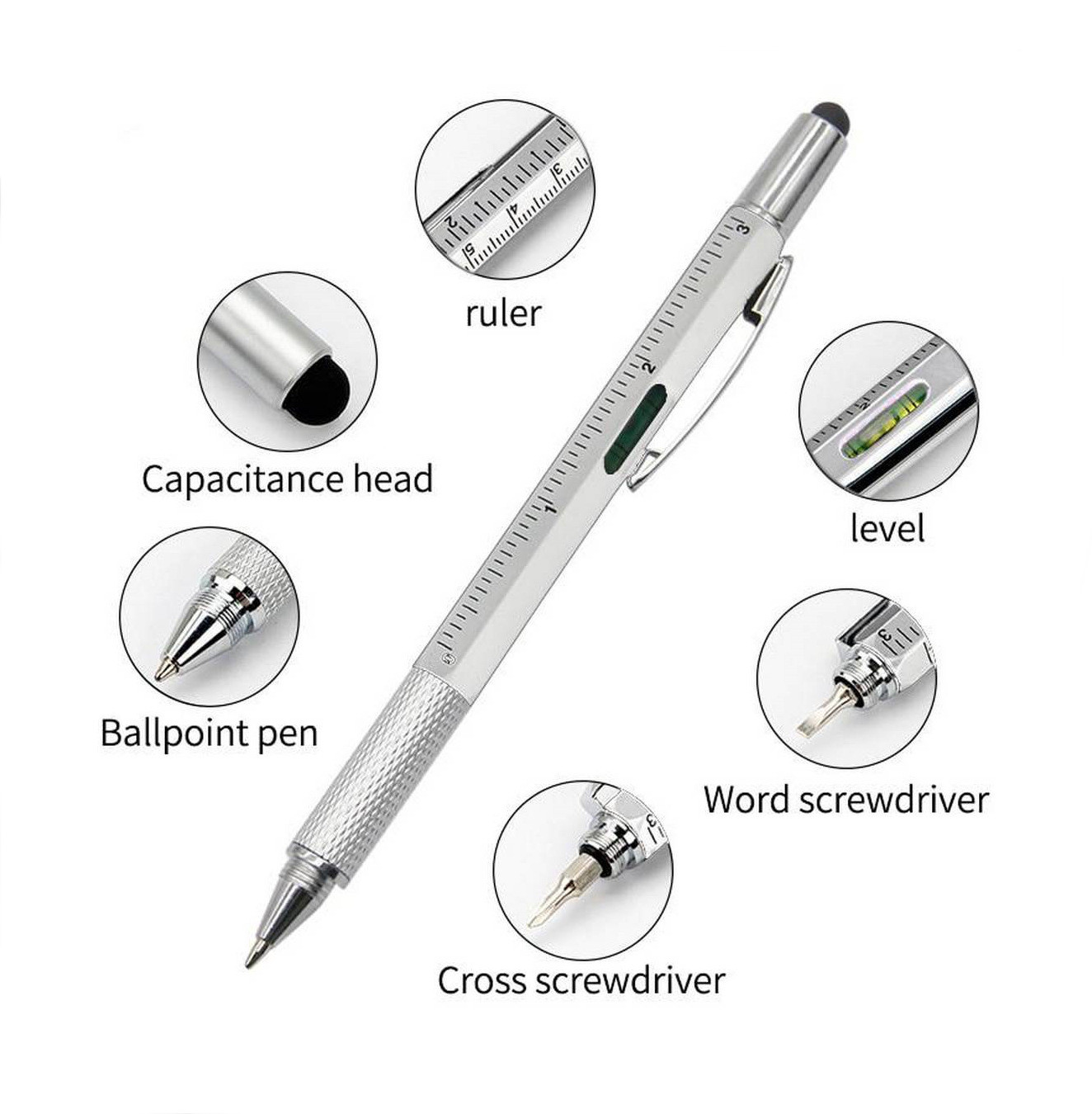 7-in-1-Multifunktions-Kugelschreiber mit modernem Handwerkzeug, messen Sie ein technisches Lineal, Schraubendreher, Touchscreen-Stift, Wasserwaage