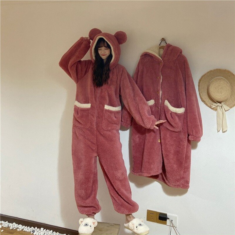 Herfst en winter onesie dames vriendinnen schattige nachtjapon met capuchon schattige romper: Onesie een