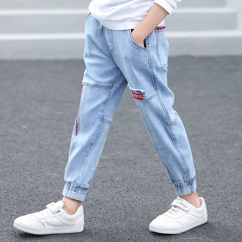 Crianças meninos jeans verão moda bordado calças crianças retalhos denim calças compridas crianças adolescente menino para calças casuais 6-14yrs