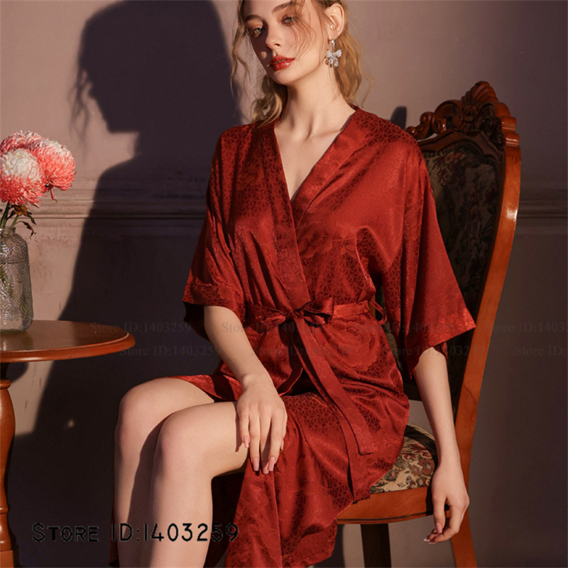 Chinese Style Jacquard Long Robe Nightgown Silk Satin Kimono Bathrobe Gown Spring Summer Sleepwear Home Dress Pajama: 3XL / black