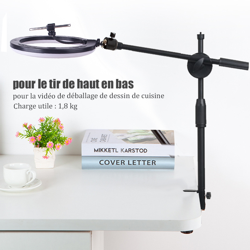 BFOLLOW Overhead Shooting Bracket Desk Clamp Mount for Mobile Phone Tablet DSLR Camera 10 inch Ring Light Video Top Down Stand