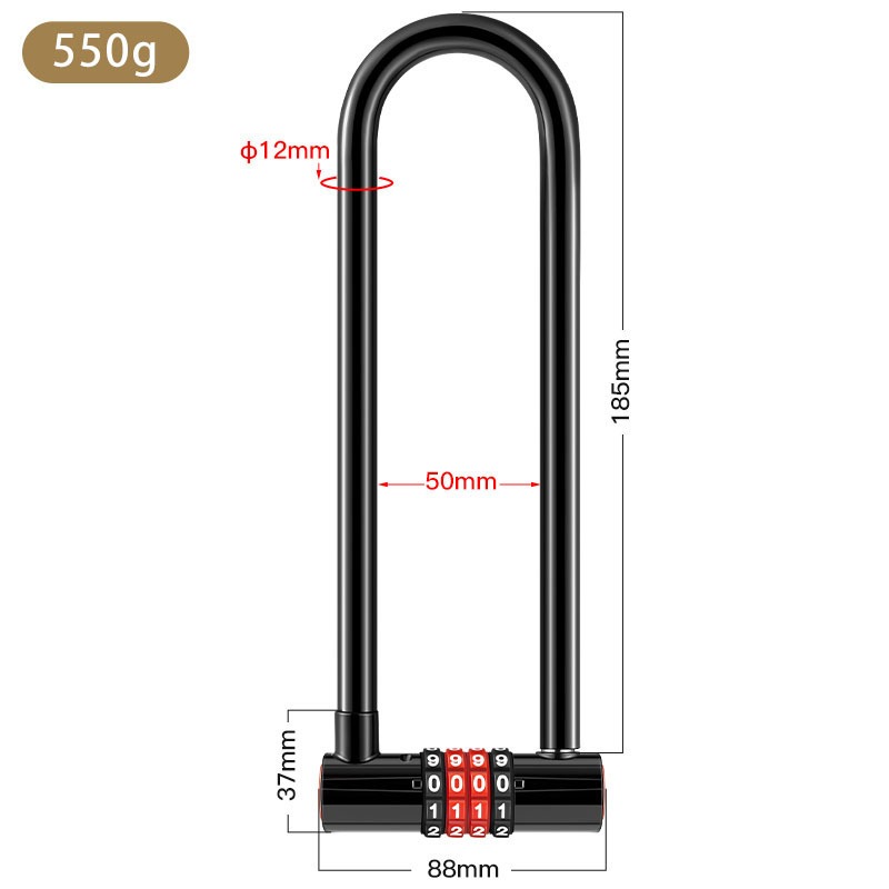 Cerradura de combinación antirrobo extendida en forma de U, candado para puerta de tienda de doble puerta de vidrio, candado para bicicleta, accesorios para deportes al aire libre: Rojo