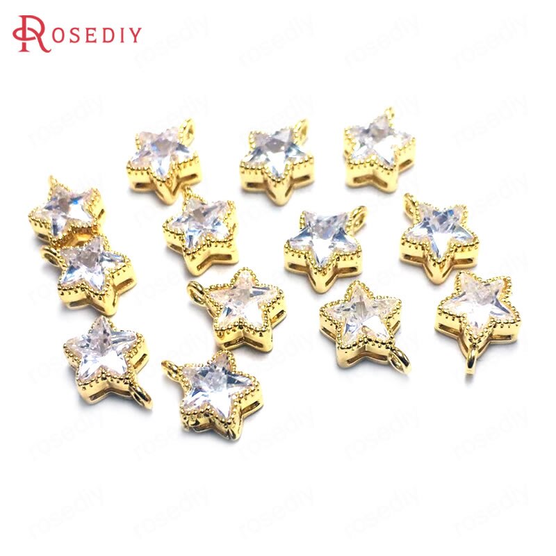 (38356)10PCS 7.5 MILLIMETRI 24K Oro Champagne di Colore Ottone e Zircone Star Pendenti E Ciondoli Pendenti Con Gemme E Perle di Alta Qualità Fai Da Te Risultati Dei Monili accessori: 1 Hole