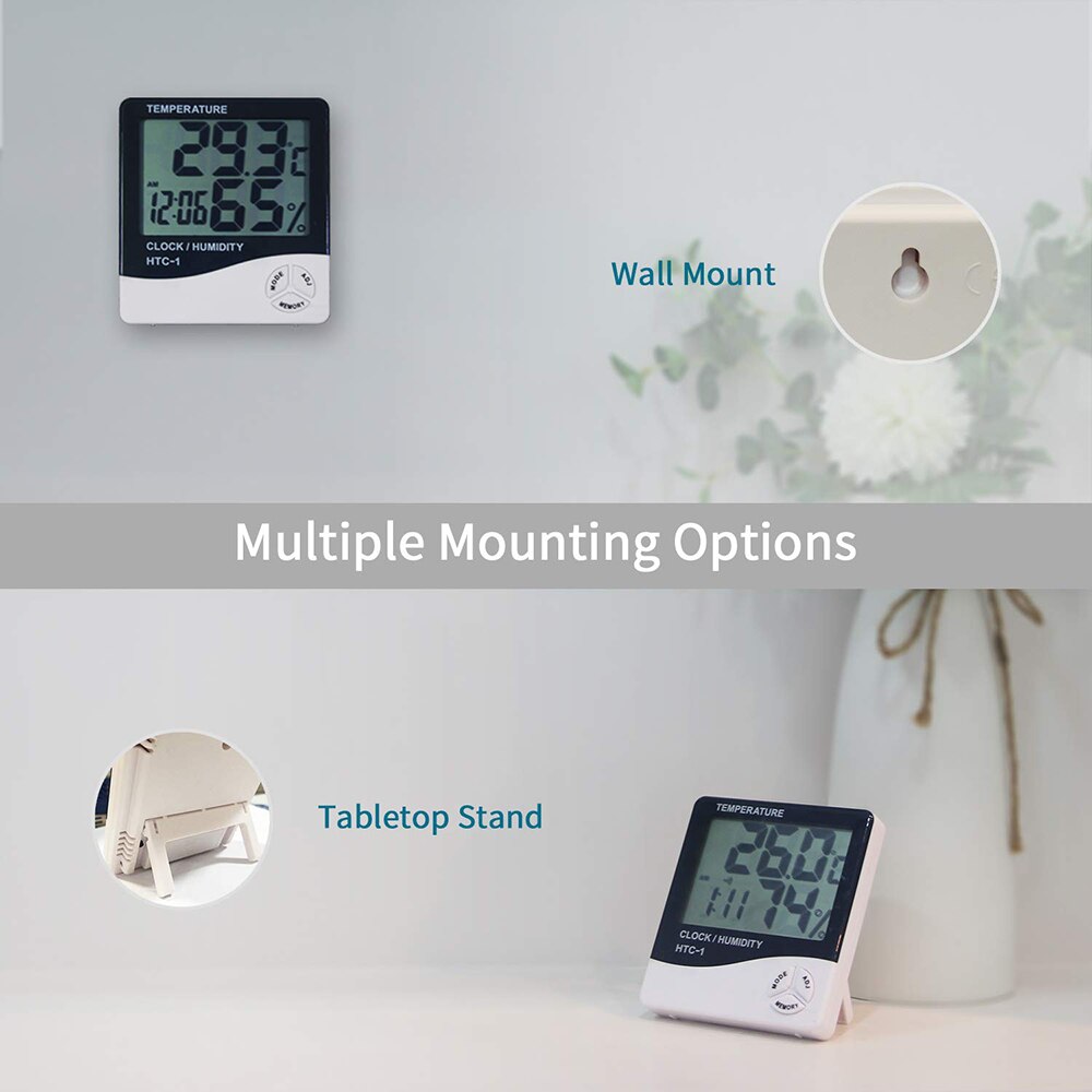 LCD Electronic Digital Temperature Humidity Meter Indoor Outdoor Thermometer Hygrometer Weather Station Clock HTC-1 HTC-2