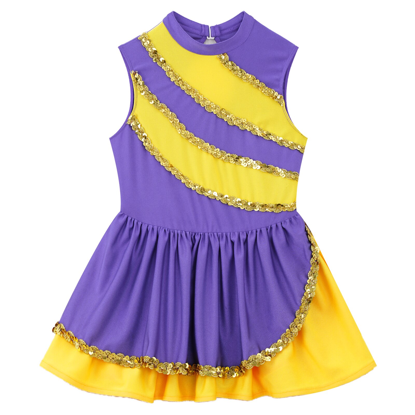 Kids Girls Cheerleading Uniform Dance Costume Sleeveless Round Neckline Hollow Back Sequins Decorated Cheerleading Dance Dress