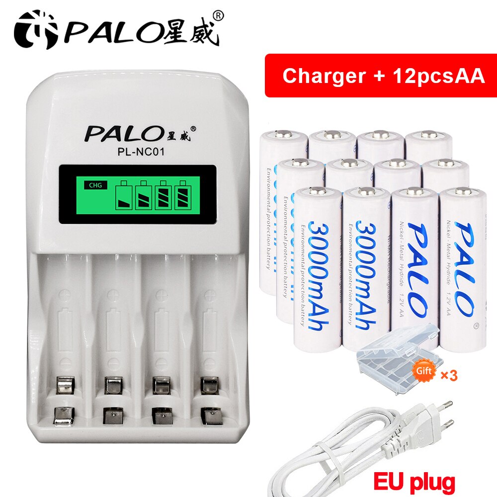 Palo 1.2v aa nabíjateľná batéria  + 1.2v aaa nabíjacie batérie s inteligentnou aa nabíjačkou batérií pre 1.2v ni-mh aa aaa batérie: 12 aa 1