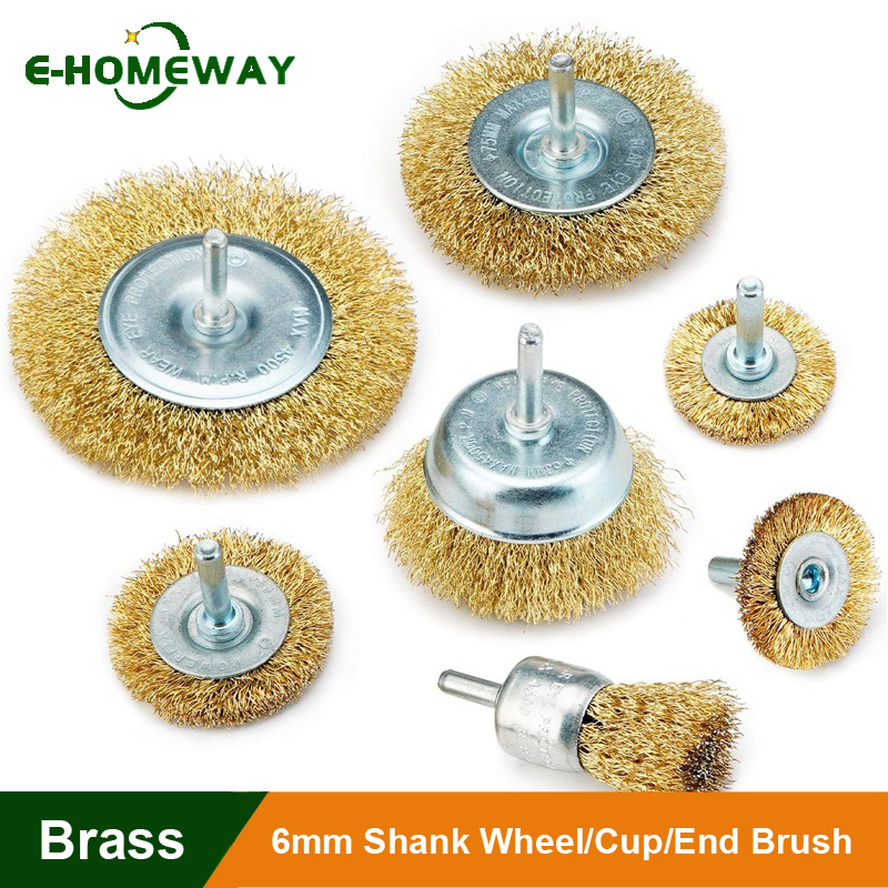 3/5/6 Uds 6mm 1/4 "vástago latón plateado alambre de acero al carbono taza/rueda/cepillo final taladro herramientas rotativas eliminación de óxido de Metal pulido limpio