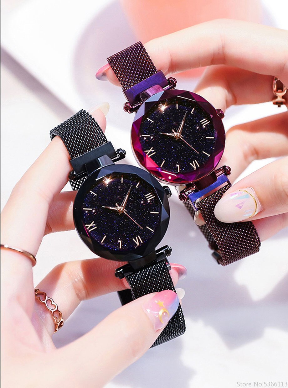 ciel étoilé chiffre romain horloge femmes montres aimant boucle Vibrato violet dames montre-bracelet