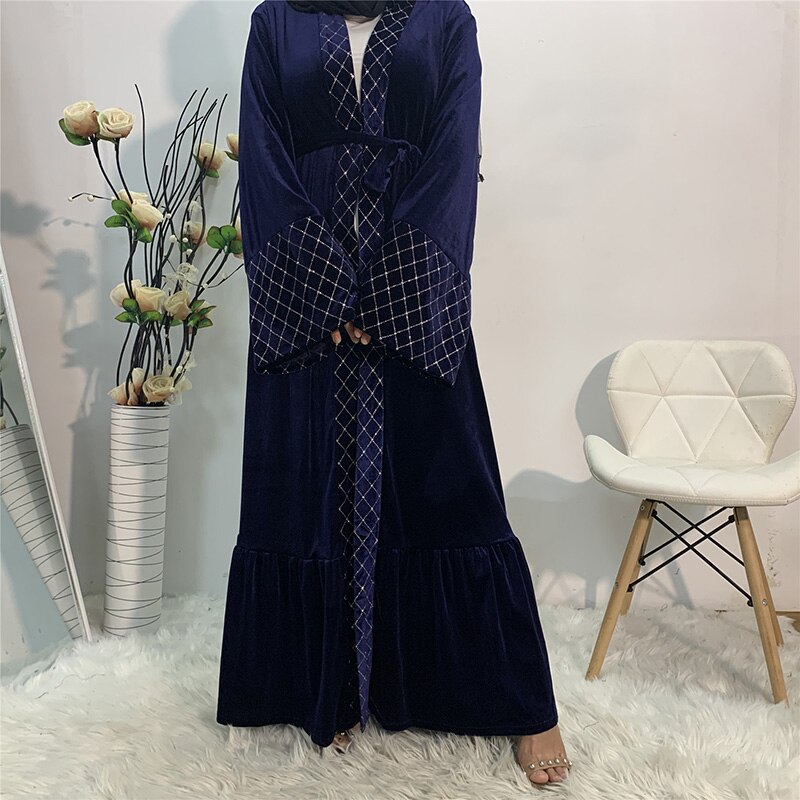 Ankomster gyllene sammet öppen front abaya kimono kvinnor muslimsk klänning blygsam slitage dubai kalkon ren abaya duster kofta