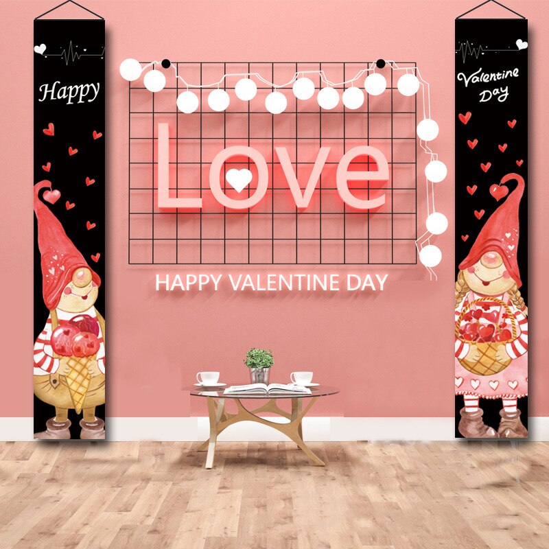 2PCS Door Porch Sign Valentines Day Decorations Pink Banners Hanging Love Heart Streamers Wall Decor Party Supply Valentines Day
