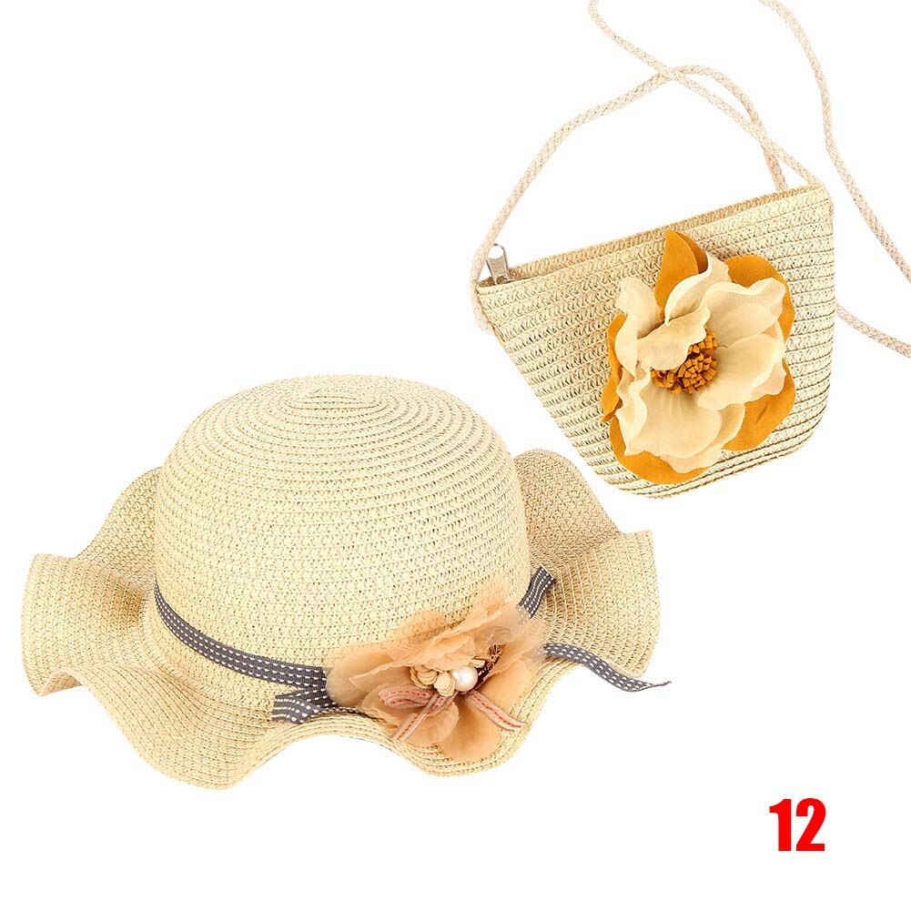 Women Girls Straw Sun Hat + Cute Flower Straw Shoulder Bag Set Summer Beach Kit -OPK: 12