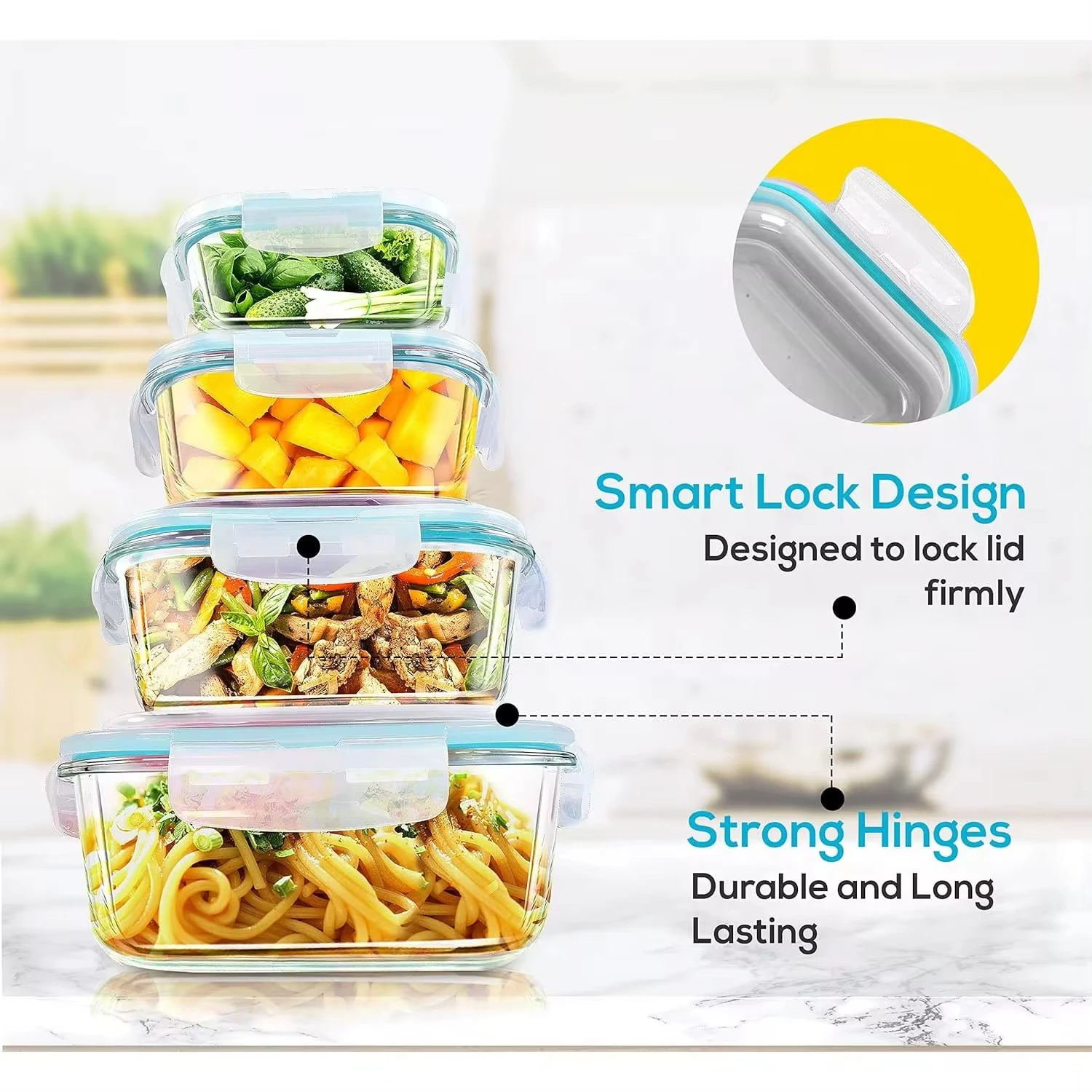 Glass Lunch Box Food Storage Containers, Meal Prep , Airtight Bento Boxes, for Microwave, Oven, Freezer and Dishwasher, BPA Free
