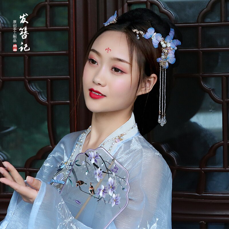 Accesorios chinos hechos a mano para el cabello Hanfu, horquilla para disfraz, tocado, accesorios clásicos de paso sacudida, pinza de pelo de mariposa de tul para chica