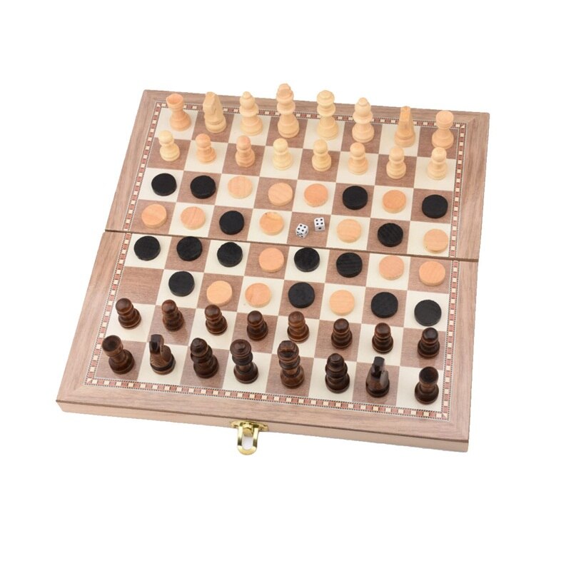 Folding Wooden International Chess Checkers Set Foldable Board Game Funny Game Chessmen Collection Portable Board Game For Kid