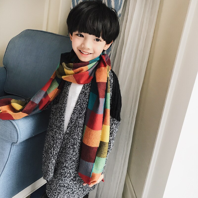 Winter kindersjaals geruite sjaal kinderen jongens meisjes warme imitatie kasjmier kwastjes raster sjaals halsdoek kinderen herfst: Blauw oranje