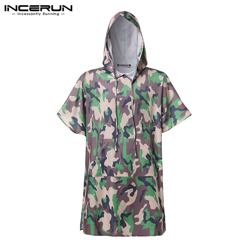 INCERUN Mannen Camouflage Korte Mouwen Hoodie Poncho Strand Cape Mantel Casual Mens Badjas Hoodies: Army Green / XXL