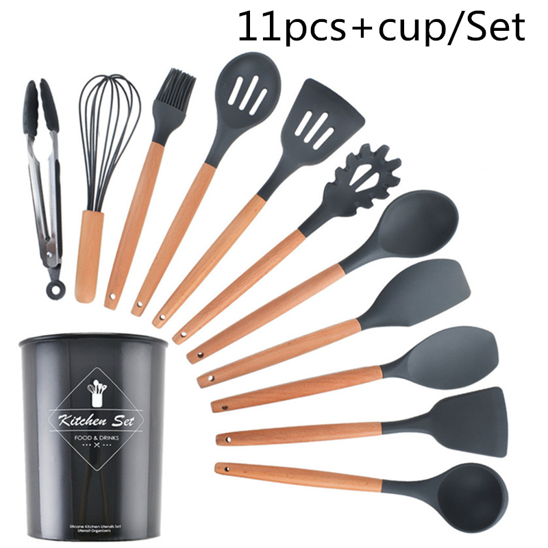 Ustensiles de cuisine en silicone, ensemble d'outils, spatule antiadhésive, pelle, ustensiles de cuisine, ustensiles de cuisine, accessoires de cuisine, gadgets: Gris foncé