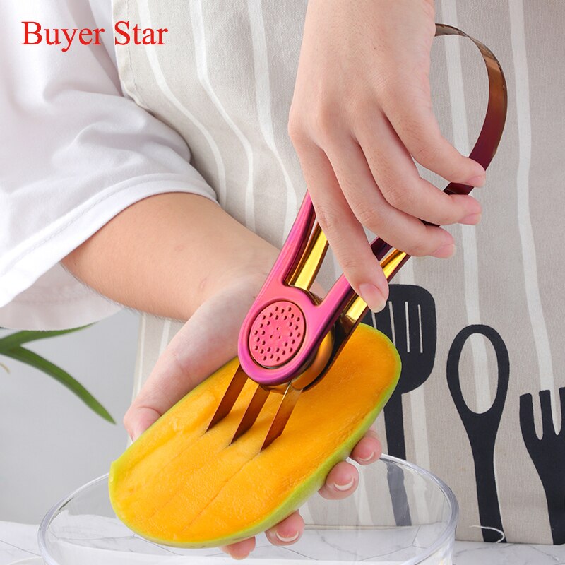 Neue Stilvolle edelstahl Mango Splitter Cutter Obst samen entferner Gerät Pfirsich Schneidemaschine Küche Gerät Metall servieren werkzeuge